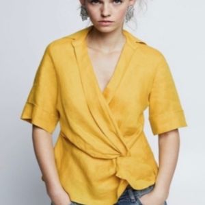 Zara Woman Mustard Yellow Linen Front Twist Top Size Large New With Tags 1